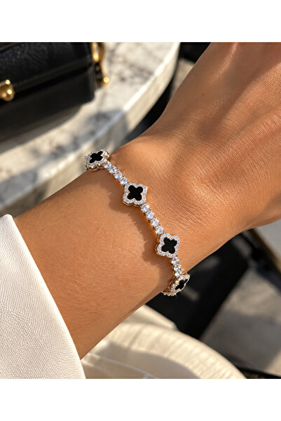 Vi store Premium Silver Siyah Yonca Bileklik