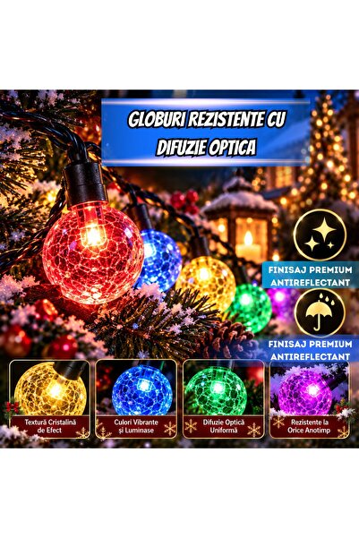 Infiniteea Lumini decorative solare LED tip glob Infiniteea ™ 20 LED-uri, 5 m, Multicolor, Panou solar cu senzor de amurg, 8 moduri, Impermeabil IP65, Iluminat exterior pentru grădină, curte