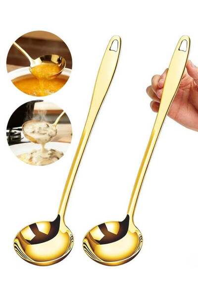 Generic 2PCS 10 Inch Gold Stainless Steel Soup Ladle Kitchen Cooking Spoon