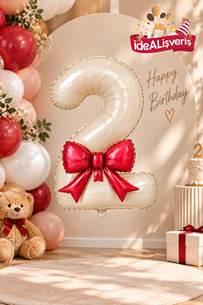 Bkmc Red Bow and Cream Number Foil Balloon Set