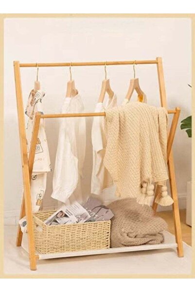 Generic Freestanding Natural Wood Clothes Rack with Fabric Storage Modern Cro...