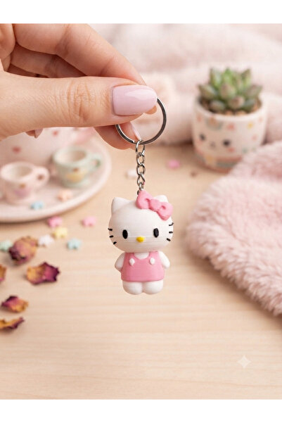 Sevimli Pembe Elbiseli Hello Kitty Tasarımlı 3D Figürlü Anahtarlık ve Çanta Charm'ı - 6 cm