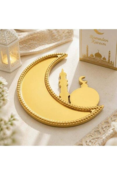 Generic Ramadan Moon Serving Tray - Gold Mirror Metal Crescent Moon Decorativ...