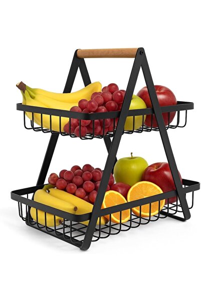 Generic 2-Tier Fruit Basket for Kitchen Counter – Black Metal Fruit & Vegetab...