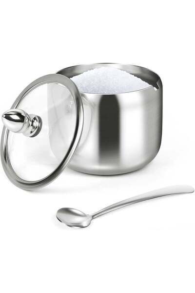 Generic Sugar Container with Glass Lid and Spoon - 10oz Stainless Steel Sugar...