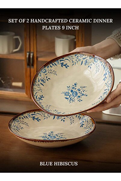 Generic Set of 2 Handcrafted Ceramic Dinner Plates 9 inch "Blue Hibiscus" 900...