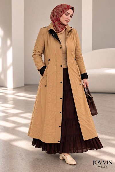 JOVVIN WEAR Kemer Detaylı Uzun Kapitone Trençkot – Camel