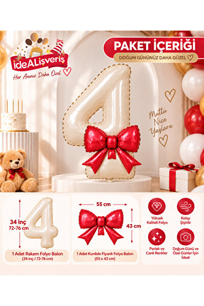 Bkmc Red Bow and Cream Number Foil Balloon Set