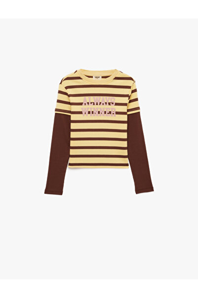 Koton Printed Cotton Camisole Crew Neck Long Sleeve Striped Crop T-Shirt