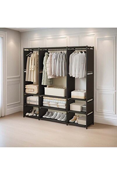 Generic 3 Section Metal Wardrobe Organizer with Triple Hanging Rods and 9 Sto...