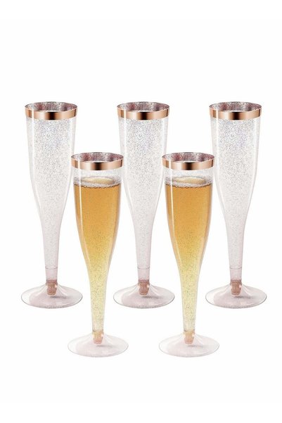 Generic Plastic Drink Flutes Disposable, Gold Rim Gold Glitter Plastic Drink ...