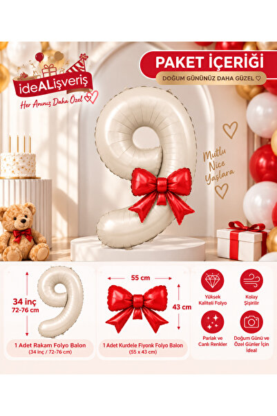 Bkmc Red Bow and Cream Number Foil Balloon Set