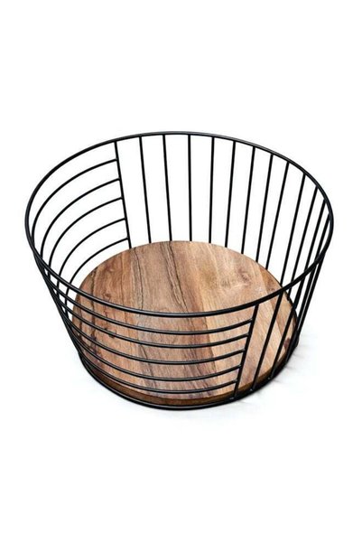 Generic Premium Iron Round Fruit Basket with Wood Base 20cm – Handcrafted Tab...