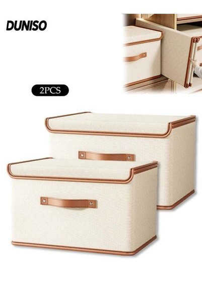 Generic Set of 2 Beige Lidded Storage Bins,Collapsible Fabric Wardrobe Storag...