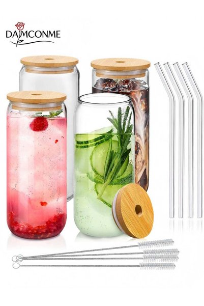 Generic 20 oz Drinking Glasses with Bamboo Lids and Glass Straw - 4 Pcs Can S...