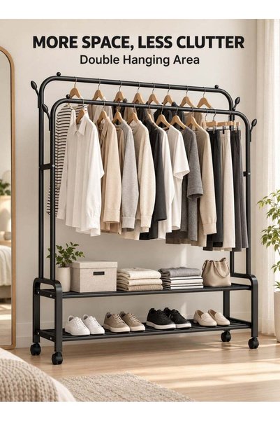 Generic Double Rod Clothing Rack with Wheels, Metal Garment Rack with Bottom ...
