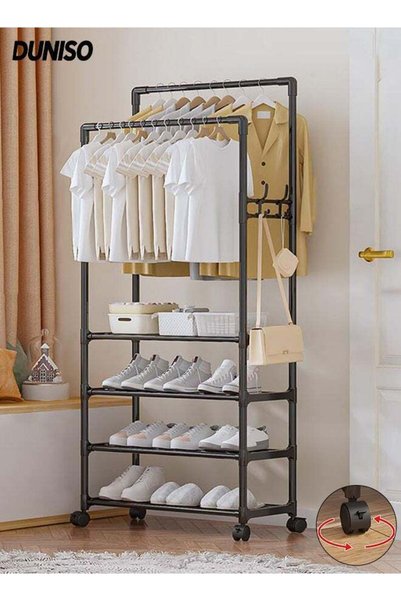 Generic Double Rods Clothes Rack with Roller, Metal Garment Rack with Shoe ra...