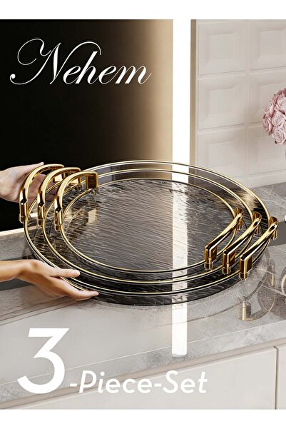 Generic 3 PCS Clear Serving Tray, With Polished Metal Handles, Serving Plate,...