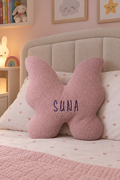 Genel Markalar Kişiye Özel İsimli Nakışlı Peluş Kelebek Yastık Teddy Kumaş Si...