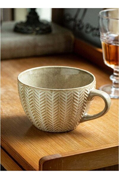 Generic 400ml Handcrafted Herringbone Embossed Ceramic Mug Rustic Yellow Coff...