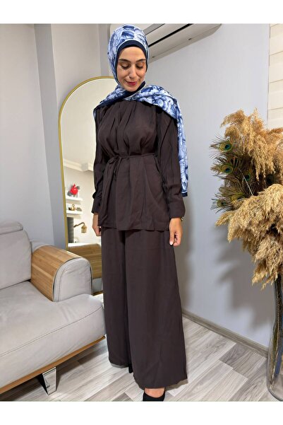 Moodel Long Sleeve Modal Fabric Front Pleat Detail Loose-Leg Pants Top and Bo...