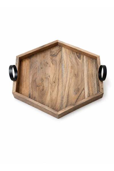 Generic Premium Hexagon, Wood Serving Tray with Black Metal Handles, Diameter...