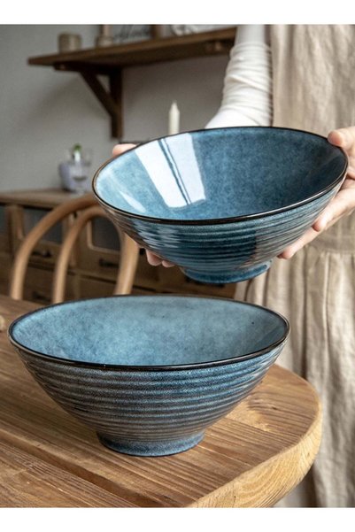 Generic Set of 2 Large Ceramic Bowls 1000ml Blue Ribbed Pasta Salad Soup Rame...