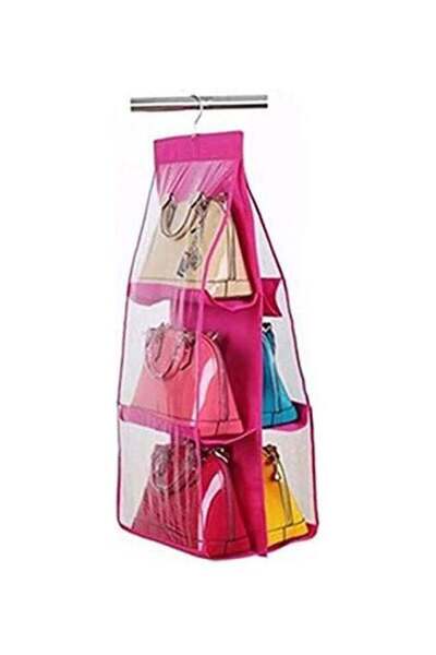 Generic 6 Pockets Handbag Hanging Purse Storage Anti-Dust Cover Pink
