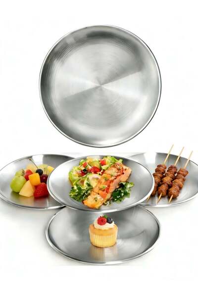 Generic 5PCS 20CM Stainless Steel Round Plates Set, Durable Food Serving Tray...
