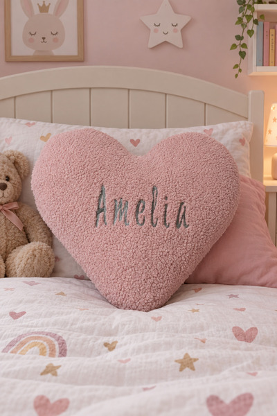 Kişiye Özel İsimli Nakışlı Peluş Kalp Yastık Teddy Kumaş Silikonlu 45 cm