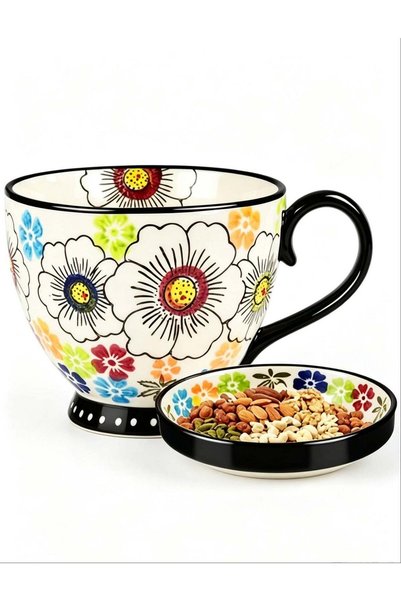 Generic Hand‑Painted Ceramic Coffee Mug with Built‑in Snack Serving Tray, Vin...