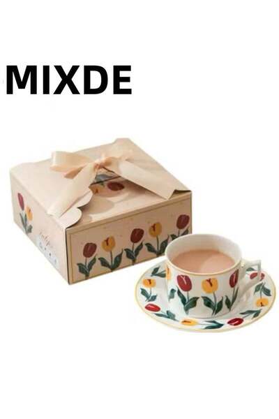 Generic Vintage Tulip Floral Coffee Mug With Saucer Set, Hand-Painted 220ml B...