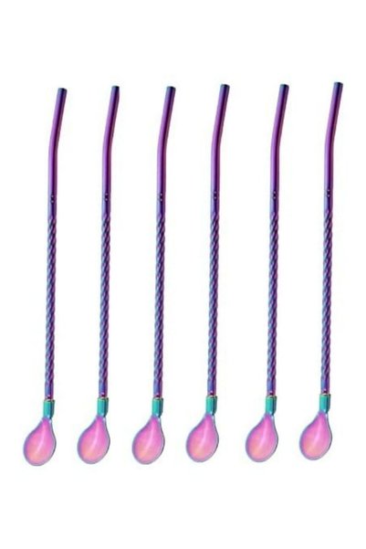 Generic ARTC Stainless Steel Reusable Tea Spoon Straw Neon, Rainbow