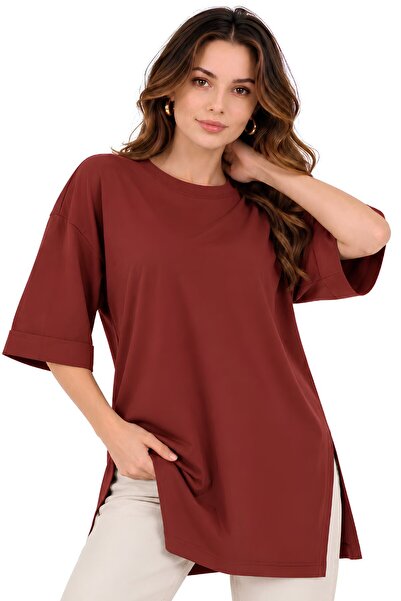 MOVİMENT Women's Standard Size Double Sleeve Tile Color T-Shirt with Side Slits