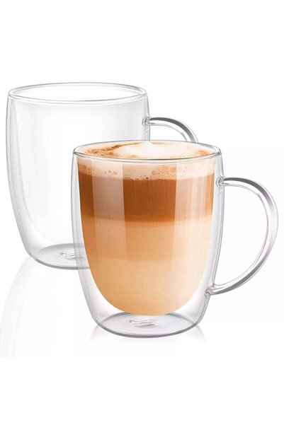 Generic Double Walled Coffee Cups 350ml - Set of 2, Borosilicate Glass Mugs w...