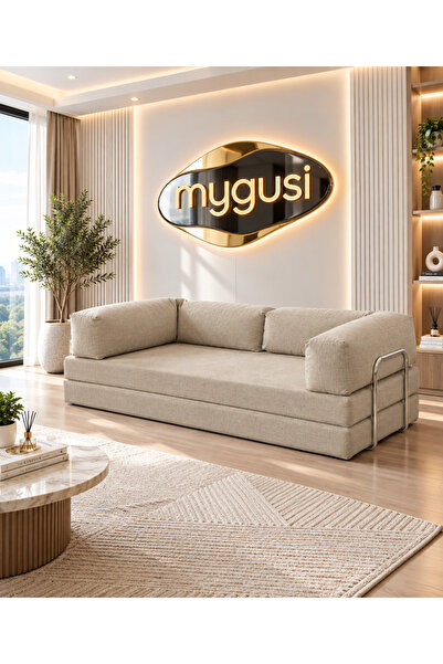 Mygusi Sorena 200 cm Fitilli Kadife Yataklı Kanepe & Dinlenme Koltuğu - Vizon...
