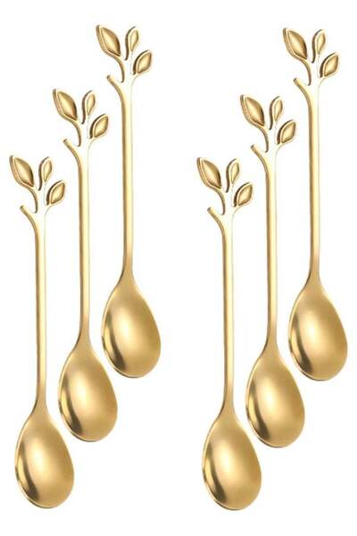 Generic 6 Pcs Gold Leaf Handle Stainless Steel Coffee Spoons, 12cm Small Mixi...