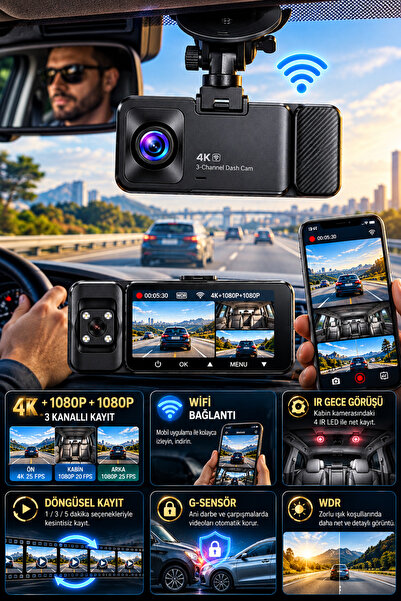 beemen 4K WiFi 3 Kameralı Araç İçi Kamera Ön Kabin Arka Kamera Gece Görüş G-Sensör WDR Döngüsel Kayıt