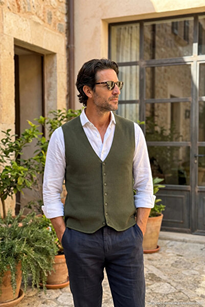 Çizgi Triko Men's Buttoned Khaki Vest Cotton Knitwear Without Pockets Rice Pa...