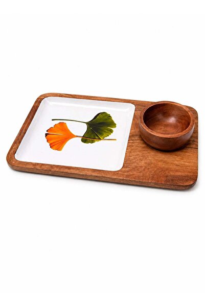Generic 30 cm Acacia Wood Rectangular Serving Platter with Leaf Print Enamel ...