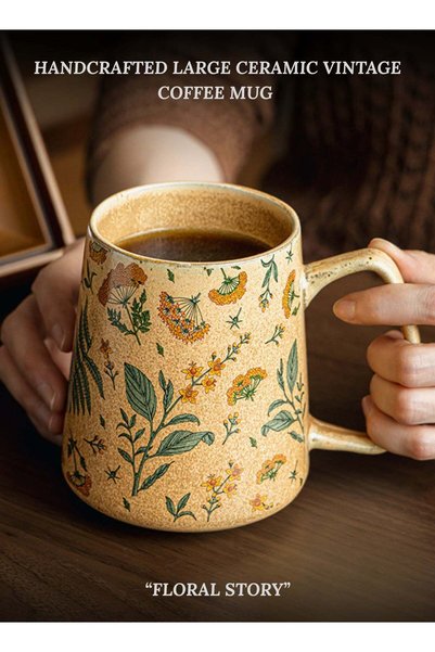 Generic Handcrafted Large Ceramic Coffee Mug 710ml Soft Beige "Floral Story" ...