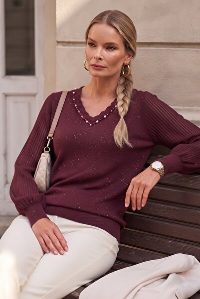 Chiccy Burgundy V-Neck Pleated Balloon Sleeve Thin Sequined Collar Beaded Cas...