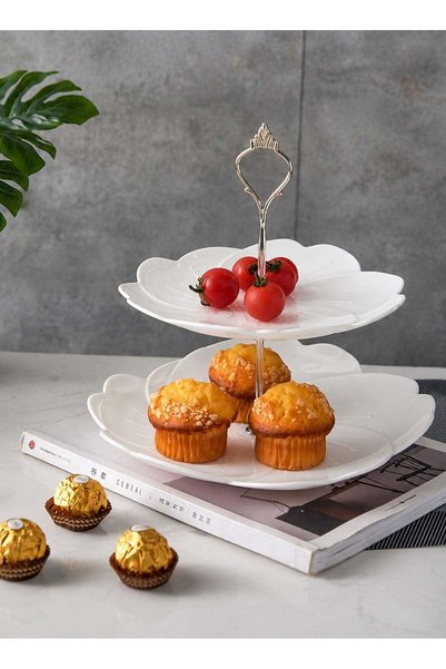 Generic 2-layer cake display rack, petal shaped plastic tray with metal suppo...