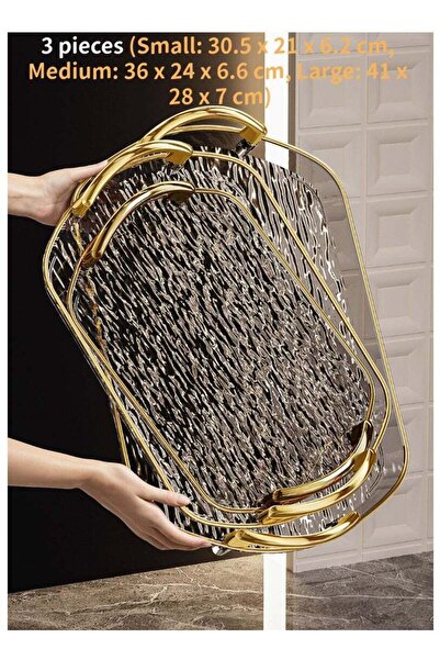 Generic 3-Piece Clear Tray Set with Polished Metal Handles Wavy-Patterned Cle...