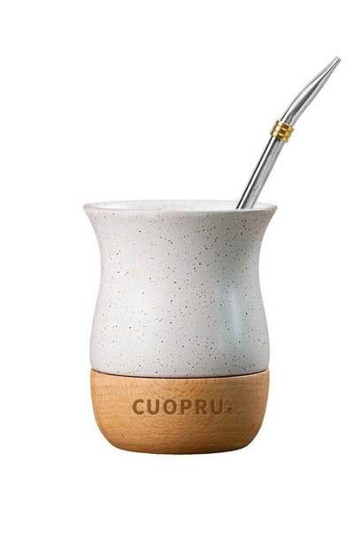Generic Ceramic cup on wooden base with straw brush, mate tea cup, coffee cup