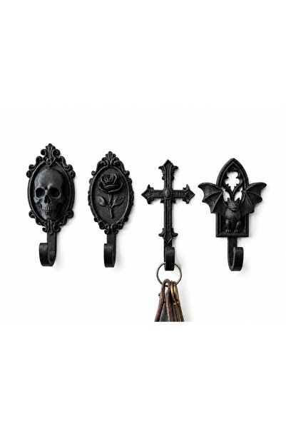 OEM Set de 4 cârlige decorative de perete în stil gotic, modele craniu, trand...