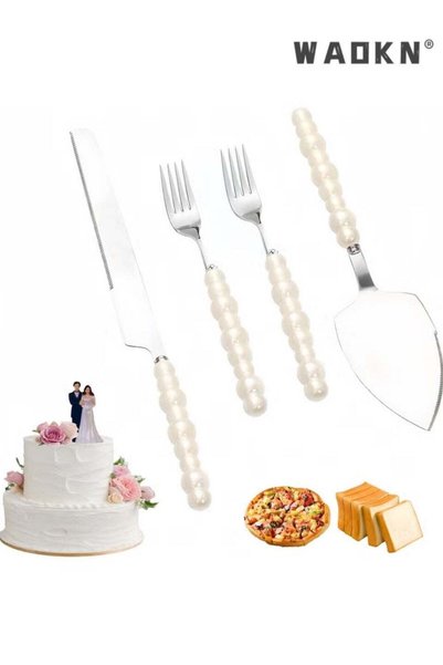 Generic 4 PCS Pearl Wedding Cake Knife and Server Set with Forks, Ceramic Pea...