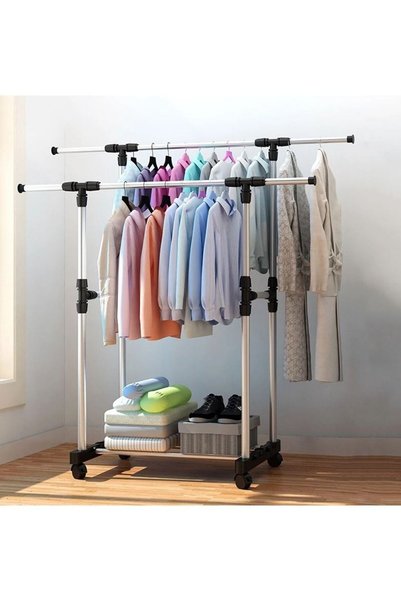 Generic Heavy Duty Double Pole Adjustable Portable Clothes Rack Hanger Extend...