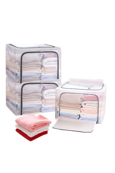 Generic Foldable Clothes Storage Boxes with Steel Frame 66L 3 Pack Transparen...