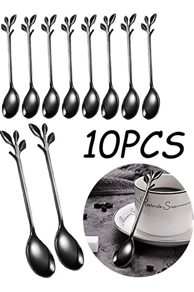 Generic 10 Pcs 4.7 Inch Black Stainless Steel Coffee Spoons Mini Leaf Sugar S...